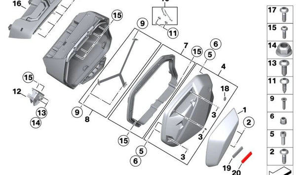 Soporte izquierdo para maleta touring OEM 77419443763 para BMW Motorrad S 1000 XR (SK69, modelos desde 12/2019 en adelante). Original BMW Motorrad.