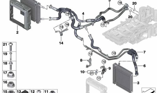 Enfriador de aceite motor izquierdo OEM 17218676411 para BMW Serie 7 G12 M760Li xDrive (N74B y N74L, automático, tracción total, 2016–2022). Original BMW.