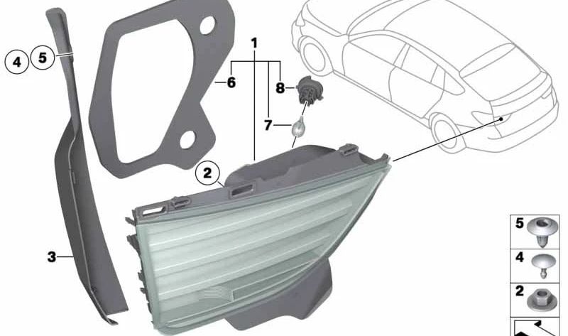 Left rear light trim (trunk) OEM 63217224229 for BMW F07 (5 Series GT). Original BMW.