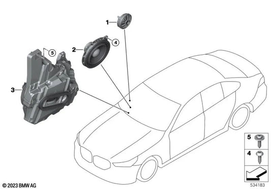 Front Left Door Composite Subwoofer Speaker for BMW 5 Series G60 (OEM 65135A5AF85). Original BMW.