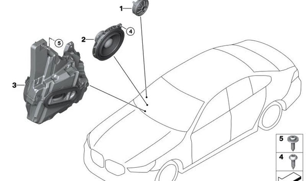 Altavoz de medios OEM 65135A06FC5 para BMW F70, G60, G61, U11, U12, U10. Original BMW.