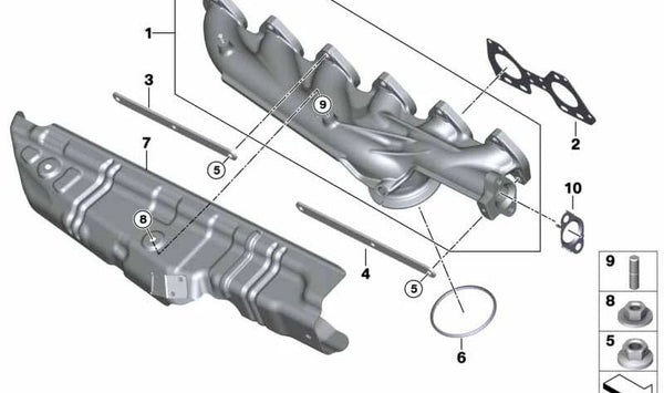 Chapa de refuerzo colector OEM 11627808160 para BMW E90, E91, E92, E93, F30, F31, F07, F10, F11, F01, F02, F25, E70, E71. Original BMW.