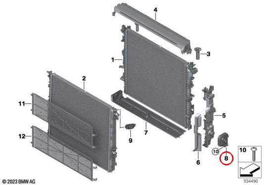 Soporte modular izquierdo de fijación del radiador OEM 17115A18816 para BMW G90 M5, G99 M5 Touring, G70 760i xDrive, G73 760Li xDrive. Original BMW.
