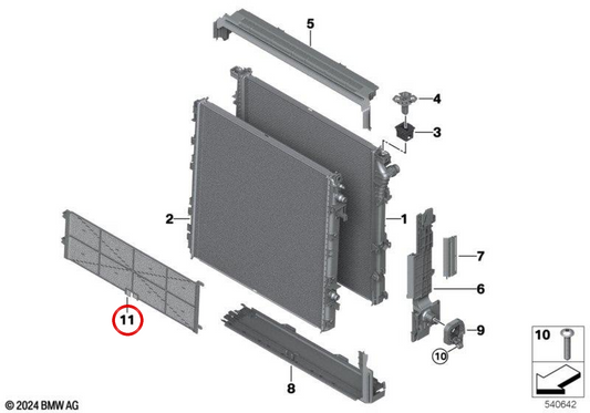 Rejilla de protección contra piedras del radiador OEM 17115A500D4 para BMW X3 G45 y X3L G48. Original BMW.