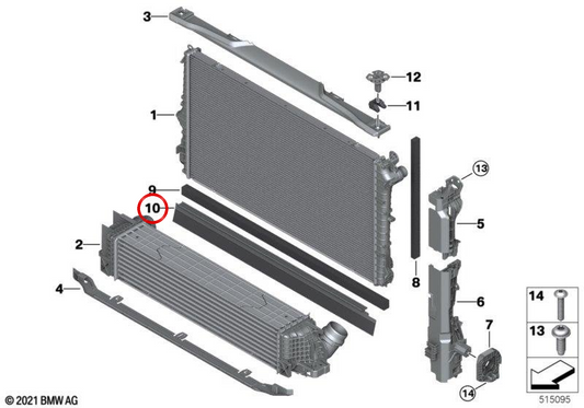 Joint de fixation de radiateur OEM 17115A50175 pour BMW Série 1 F70 120, 120d et BMW Série 2 F74 Gran Coupé 220, 220d. Origine BMW.