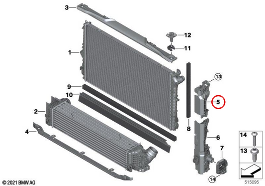 Cache supérieur gauche de fixation du radiateur OEM 17115A50181 pour BMW Série 1 F70, Série 2 Gran Coupé F74, F78. Original BMW.