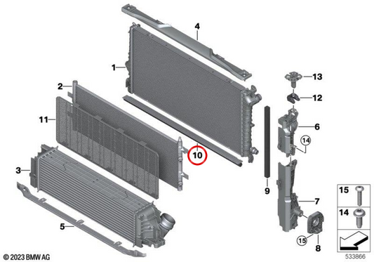 Sellatura radiatore OEM 17115A52B80 per BMW X1 U11, X1L U12, X2 U10 e MINI Countryman U25. Originale BMW e MINI.