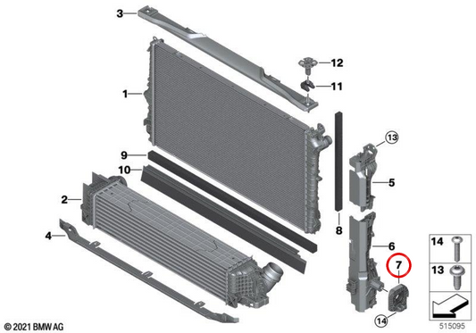Cojinete do módulo de arrefecimento dianteiro esquerdo OEM 17115A64879 para BMW F70, F74, U06, U11, U10 e MINI U25… e mais. Original BMW e MINI.