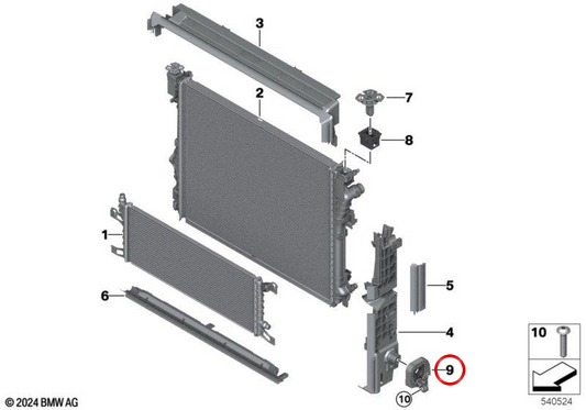 Supporto sinistro di fissaggio del radiatore OEM 17117100125 per BMW X3 G45 20d xDrive, 40d xDrive… e altro. Originale BMW.