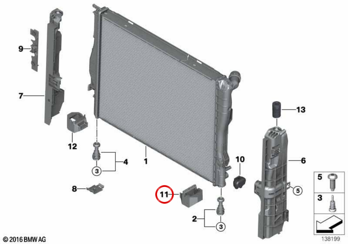 Lower radiator support for BMW 1 Series E81, E82, E87, E87N, 3 Series E90, E91, E92, E93 (OEM 17117524956). Genuine BMW.