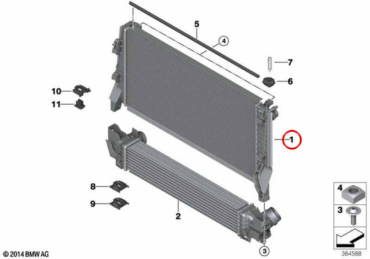 Radiador do sistema de refrigeração OEM 17117617637 para BMW F45, F46, F48, F39 e MINI F56, F57, F54, F60. BMW e MINI originais.