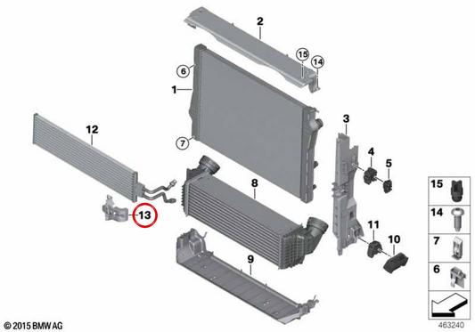Soporte de radiador OEM 17117646599 para BMW X5 F15 xDrive40e. Original BMW.