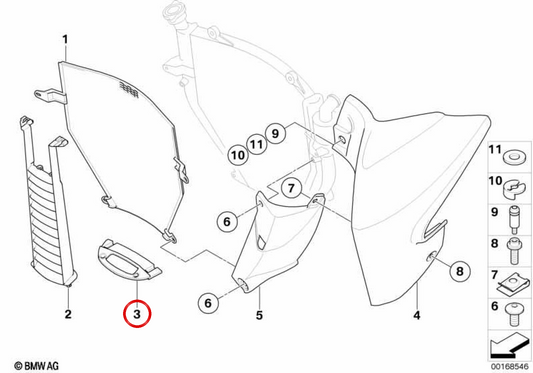 Piastra base guida aria radiatore OEM 17117684523 per moto BMW K 1200 R, K 1200 R Sport, K 1300 R. Originale BMW Motorrad.