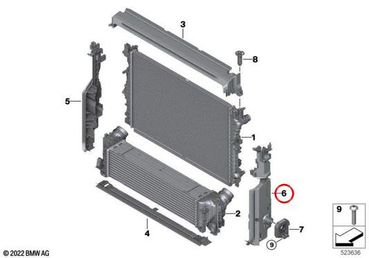 Copripannello laterale sinistro fissaggio radiatore OEM 17117925829 per BMW Serie 5 G60, G61 e Serie 7 G70. Originale BMW.