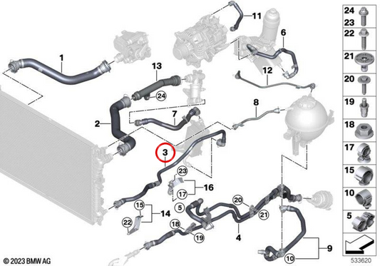 Tubo do resfriador de óleo da caixa de engrenagens OEM 17119886556 para BMW G60 e G61. Peça de reposição original BMW.