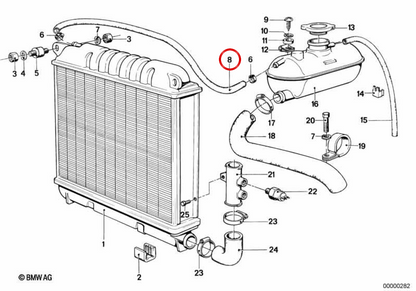 Tubo de ventilación OEM 17121712736 para BMW E21, E30, E36, E12, E28, E34, E39, E24, E23, E32, E38. Original BMW.