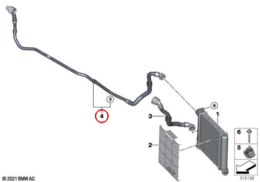 OEM cooling tube 17125A0C599 for BMW U06, U11, U10 and MINI U25. Original BMW and Mini piece. Suitable for systems with external refrigerant radiator.