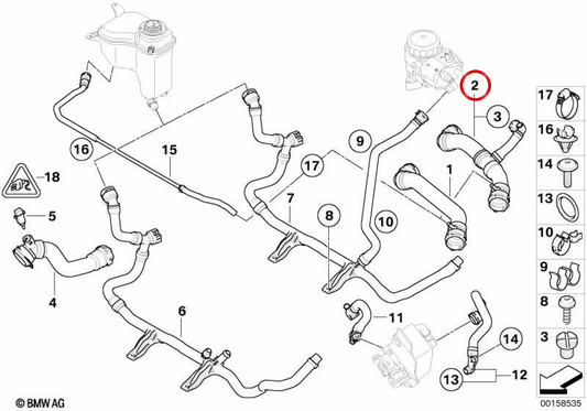 Tubo del radiatore OEM superiore 17127525023 per BMW E81, E82, E87, E88. BMW originale.