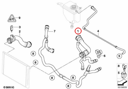 Sleeve di raffreddamento superiore OEM 17127565815 per BMW {E60, E61, E63, E64}. BMW originale.