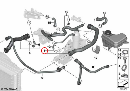 Manguera de refrigerante OEM 17127787449 para BMW E60, E61, E63, E64. Original BMW.