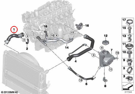 Niedrigerer Kühlerschlauch zur OEM -Wasserpumpe 17127794748 für BMW E90, E91, E92, E93. Original BMW.