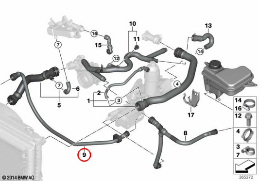 Tubo del refrigerante OEM 17127796273 per BMW E60, E61, E63, E64 (525D con motore M57). BMW originale.