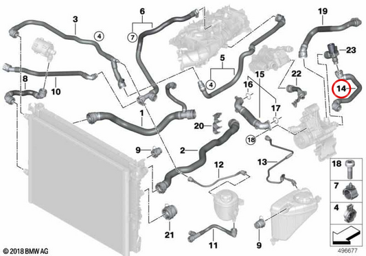 Tubo flexible bomba líquido refrigerante OEM 17127934395 para BMW G30, G31, G32, G11, G12. Original BMW.