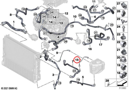 Tubo del radiatore del refrigerante OEM 17128475133 per BMW I20. Componente del sistema di refrigerazione dell'unità elettrica. BMW originale.