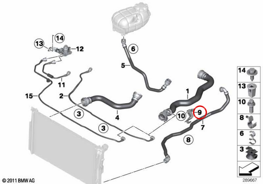 Soporte para manguito del refrigerante OEM 17128514168 para BMW F20, F21, F22, F30, F31, F34, F32, F33, F36. Original BMW.