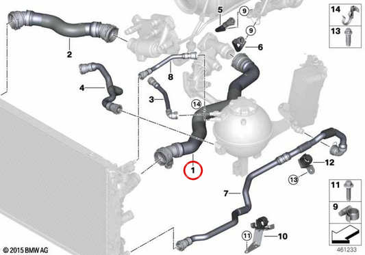 Mangueira do radiador de refrigerante para BMW Série 5 G30, G31, Série 6 G32, Série 7 G11, G12, Série 8 G14, G15 (OEM 17128572905). BMW genuíno.