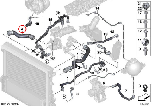Tubo del radiatore OEM 17128577057 per BMW G01, G02, G05, G06, G07. BMW originale.