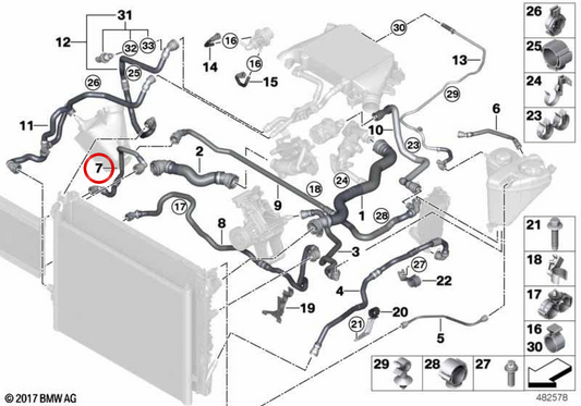 Manguera del radiador (circuito de refrigeración) OEM 17128580213 para BMW G30, G31, G11, G12. Original BMW.