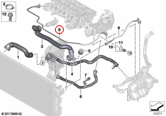 Tubo flexível de cabeça de cilindro OEM 17128580478 para MINI F56, F55, Clubman F54, Cabrio F57, Countryman F60, BMW Série 1 F40, Série 2 F44, X1 F48... e muito mais. BMW e MINI originais.