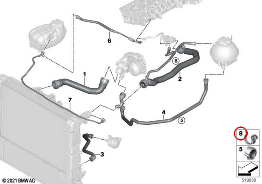 Clip Manguera Refrigerante para BMW F10N, F11N, G30, G31, G32, G32N, G11, G12, G14, G15, G16, F25, G01, F26, G02, G05, G06, G07 (OEM 17128584228). Original BMW