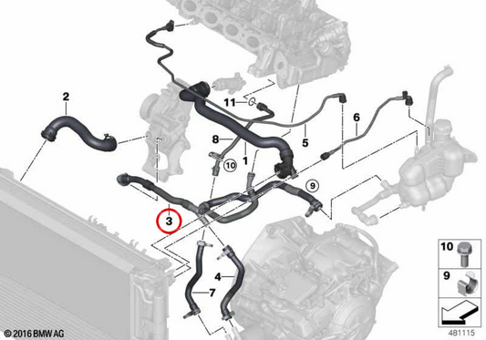 Tubo di raffreddamento riscaldamento-serbatoio di espansione-pompa OEM 17128593802 per BMW Serie 2 F45, F46, X1 F48, X2 F39 e MINI F54, F55, F56, F57, F60. Originale BMW e MINI
