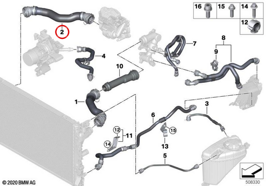 Manica del radiatore del refrigerante OEM 17128597749 per BMW G30, G31, G32, G11, G12, G14, G15, G16. BMW originale.