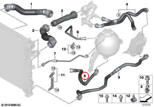 Manguera de la bomba de refrigerante OEM 17128598055 para BMW G05, G06, G07. Original BMW.