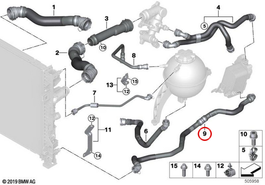 Tubo del refrigerante OEM 17128598057 per BMW G05, G06, G07. BMW originale.