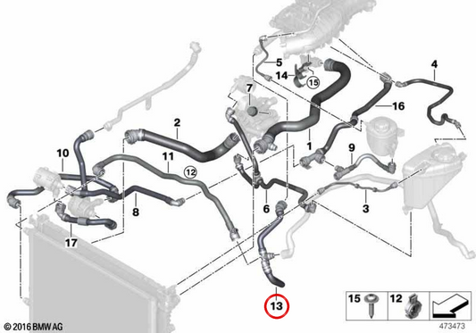 Tubo del refrigerante OEM 17128602619 per BMW G30, G31, G11, G12. BMW originale.