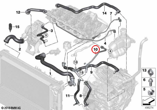 Tubo refrigerante OEM 17128606015 para BMW F45, F46, F48, F39 y MINI F54, F55, F56, F57, F60. Repuesto original para sistema de refrigeración. Original BMW y MINI.