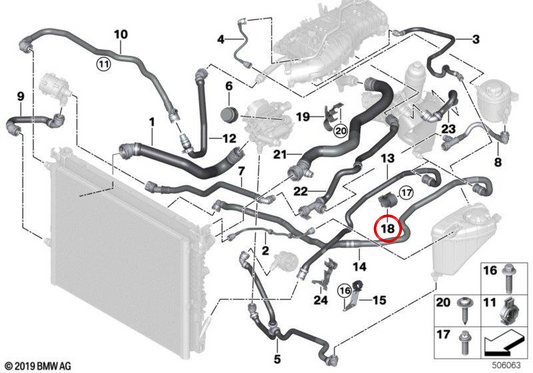 Suporte de mangueira de refrigerante OEM 17128632284 para BMW G20, G21, G30, G31, G38, G32, G11, G12, G01, G02. BMW genuíno.