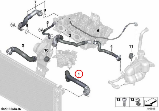 Manguera de radiador a motor OEM 17128658480 para BMW F40, F52, F44, F45, F46, F48, F49, F39. Original BMW