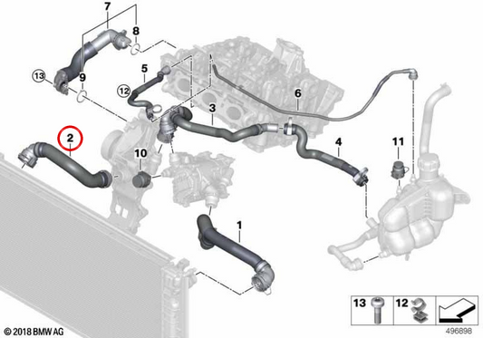 Manguera superior radiador a termostato OEM 17128658481 para BMW F40, F44, F45, F46, F48, F49, F39 y MINI F54, F55, F56, F57, F60. Original BMW y MINI.
