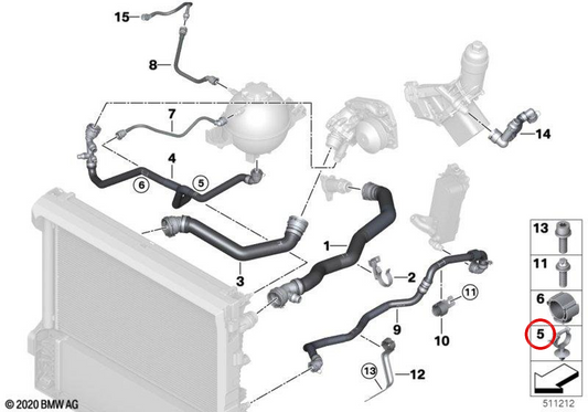 OEM -Schlauchunterstützung 17128659078 für BMW F70, U06, G60, G61, G68, G70, U11, U12, U10, G01, G02, G05, F95, G06, F96, G07, G09, U25. Original BMW.