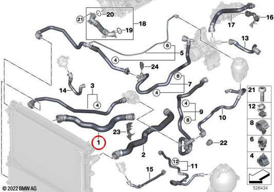 Mangueira de radiador OEM 17129845654 para BMW G18, G06. BMW genuíno.