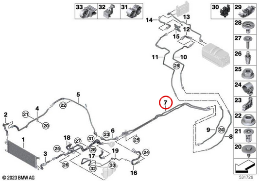 Tubo de refrigeração sob o piso fluxo/retorno OEM 17129885539 para BMW Série 5 G60, G68, G61. BMW genuíno.