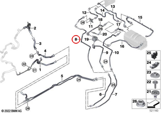 Niedrigerer Kältemittel -Returnrohr OEM 1712988553 für BMW G70 (735i, 740d, 740i, 760i XDrive). Kompatibel mit automatischen Versionen und Gesamt-/Hecktraktion. Original BMW.