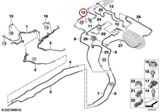 OEM -Kältemittel -Return -Rohr 1712988556 für BMW 7 G70 -Serie {735i, 740d, 740d Xdrive, 740i, 740ix, 760i Xdrive}. Original BMW.