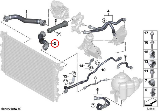 Coolant pump flexible hose OEM 17129886375 for BMW 5 Series (G60), 7 Series (G70). Genuine BMW.