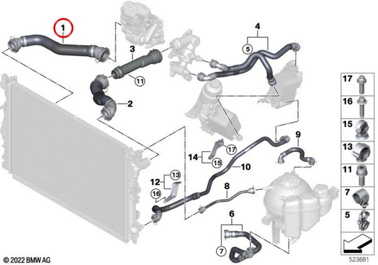 Tubo flexível do radiador - Termostato OEM 17129886376 para BMW Série 5 G60, G61 e Série 7 G70. BMW genuíno.